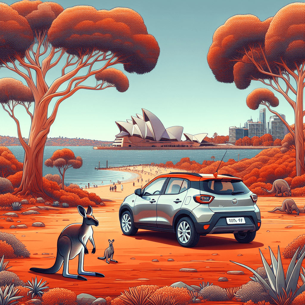 City car in diverse Australian landscape with kangaroo
