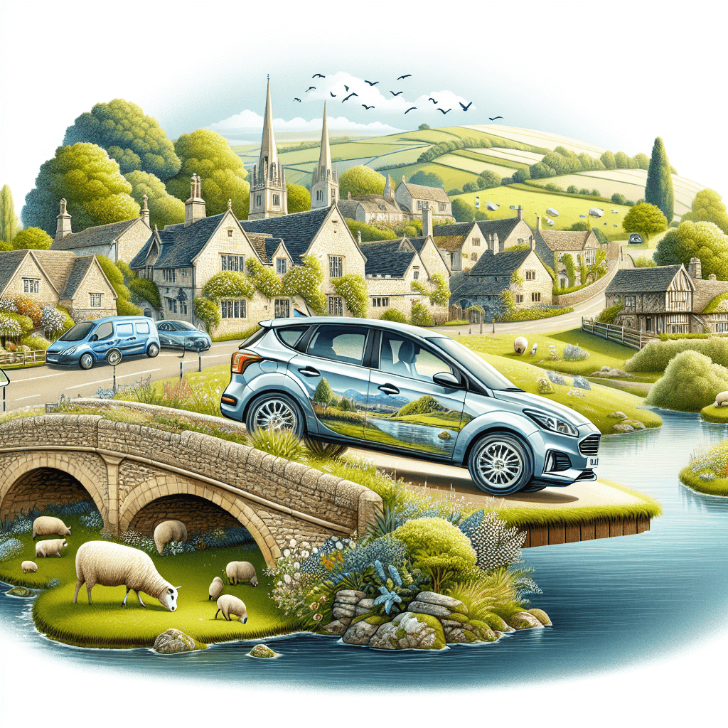 City car driving in charming Oxfordshire scenery with stone bridges and thatched-roof cottages