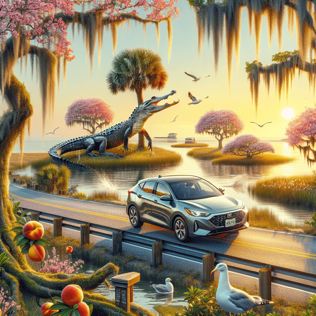 City car on peach lined road, alligator, sunset, seagulls
