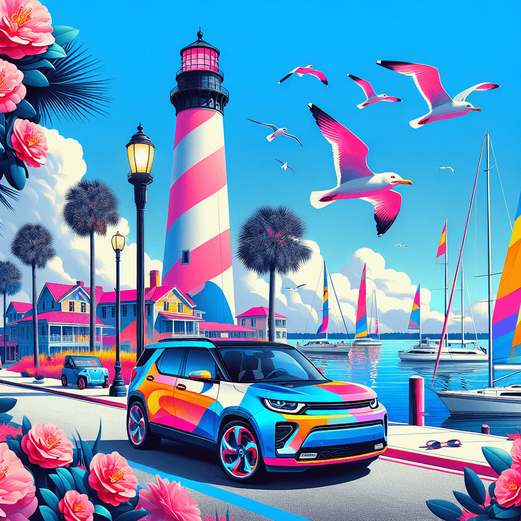 City car by Pensacola Lighthouse, surrounded with Camellia flowers, seagulls, and palm trees
