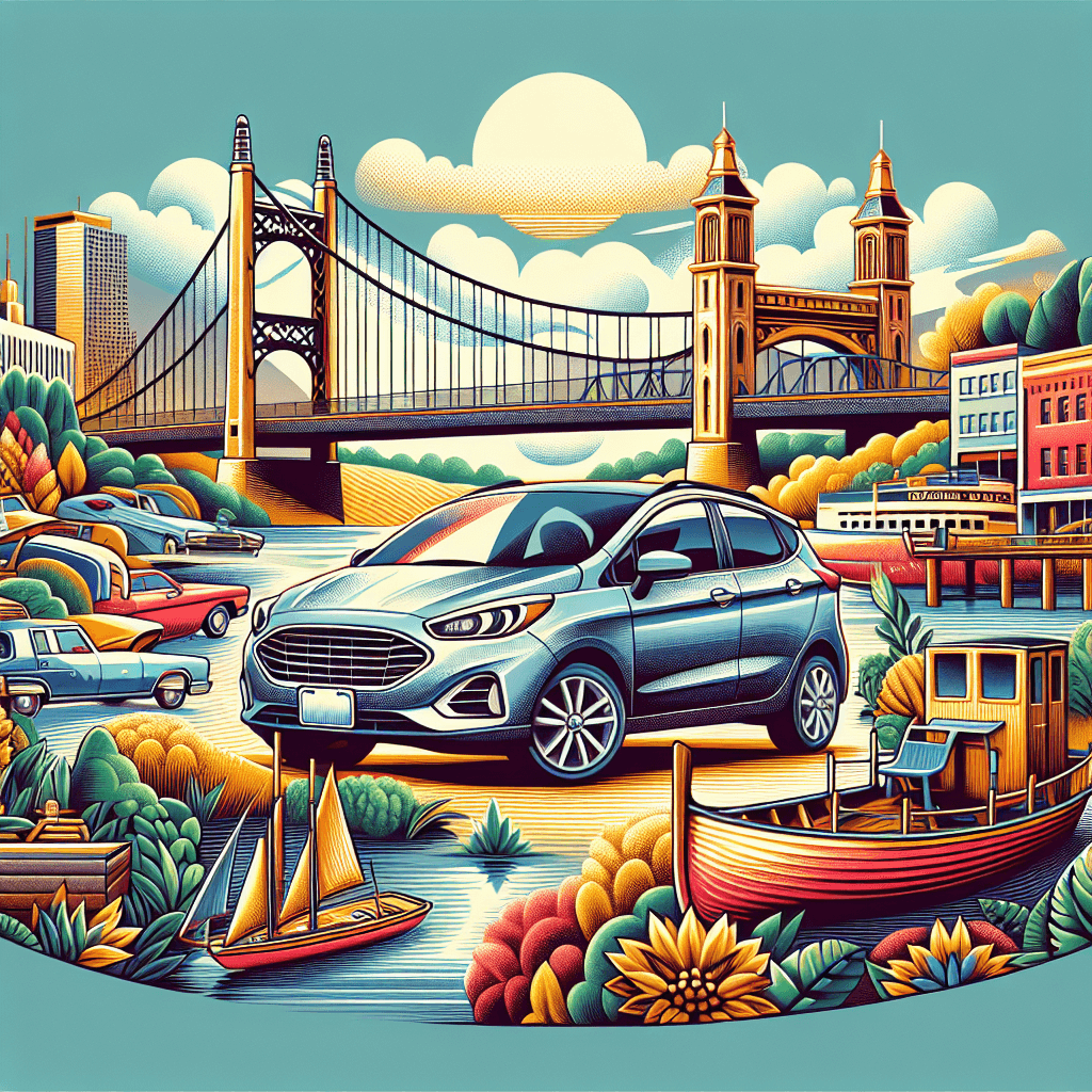 City car in Peoria with river, boats and bridge
