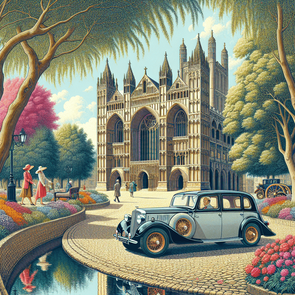 City car hire near Peterborough cathedral, people, flowers, and stream