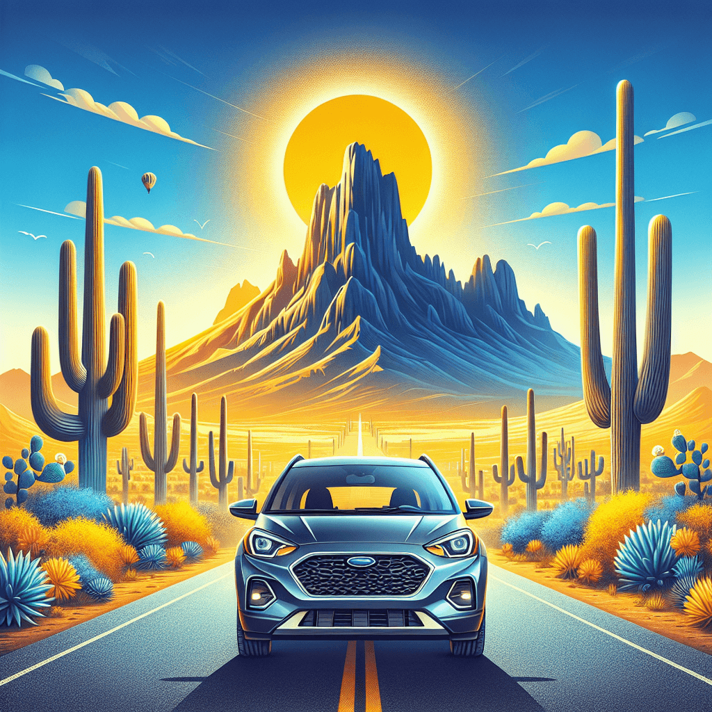 City car in sunbathed Phoenix landscape with saguaros and Camelback Mountain