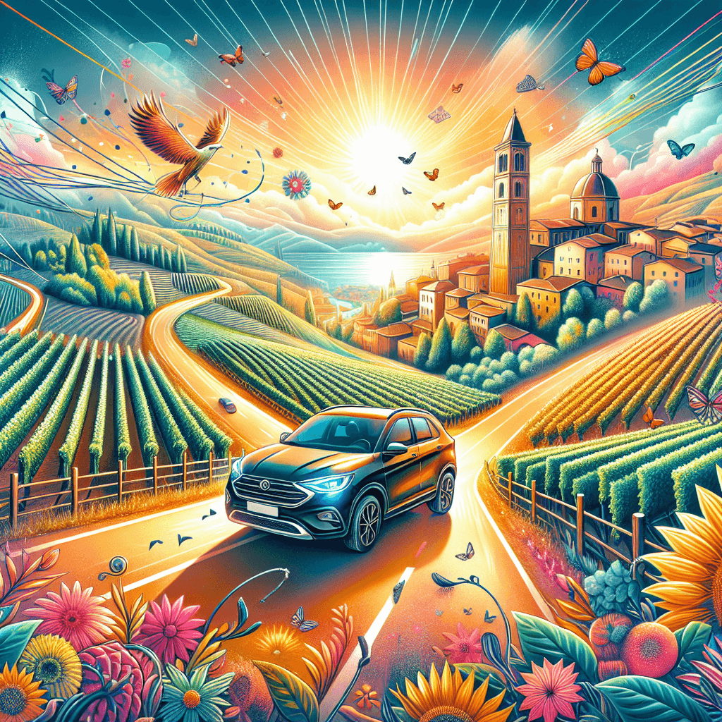 City car on countryside road, Piacenza cityscape, vineyards, sun rays, butterflies, birds