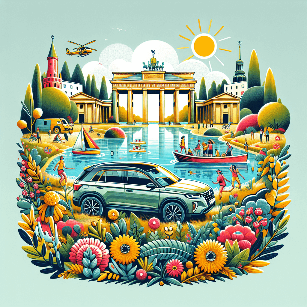 City car in colourful Potsdam landscape with joyous figures