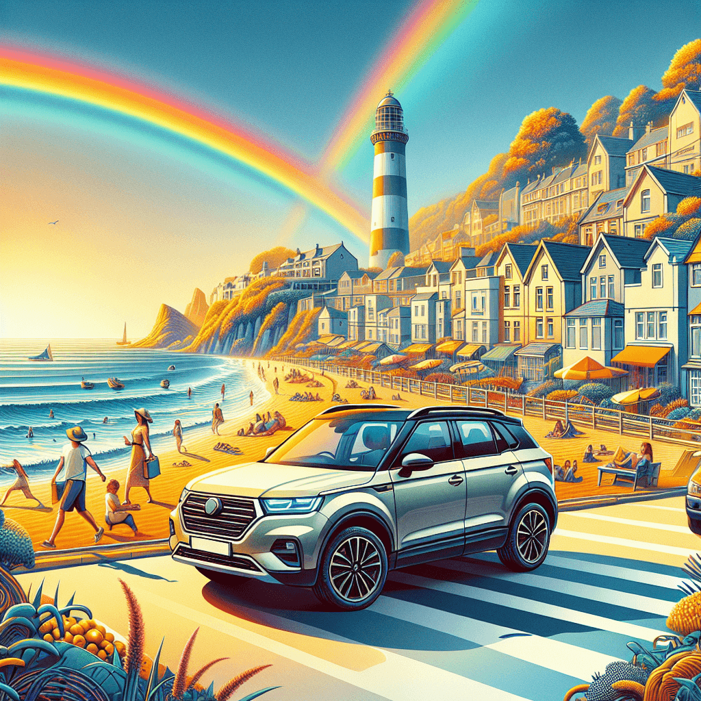 City car in Prestwick landscape, beach, buildings, lighthouse, rainbow