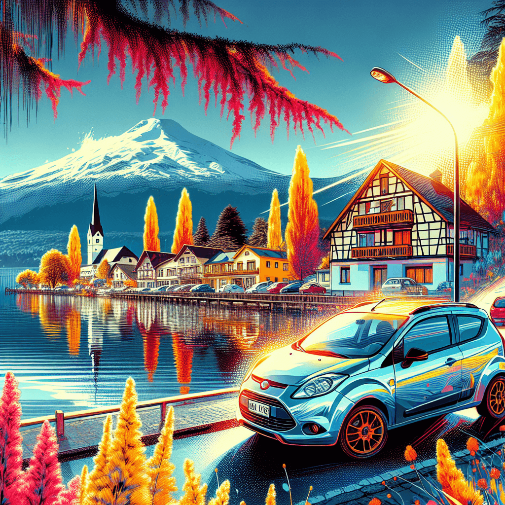 Coche en paisaje de Puerto Varas con volcán y lago