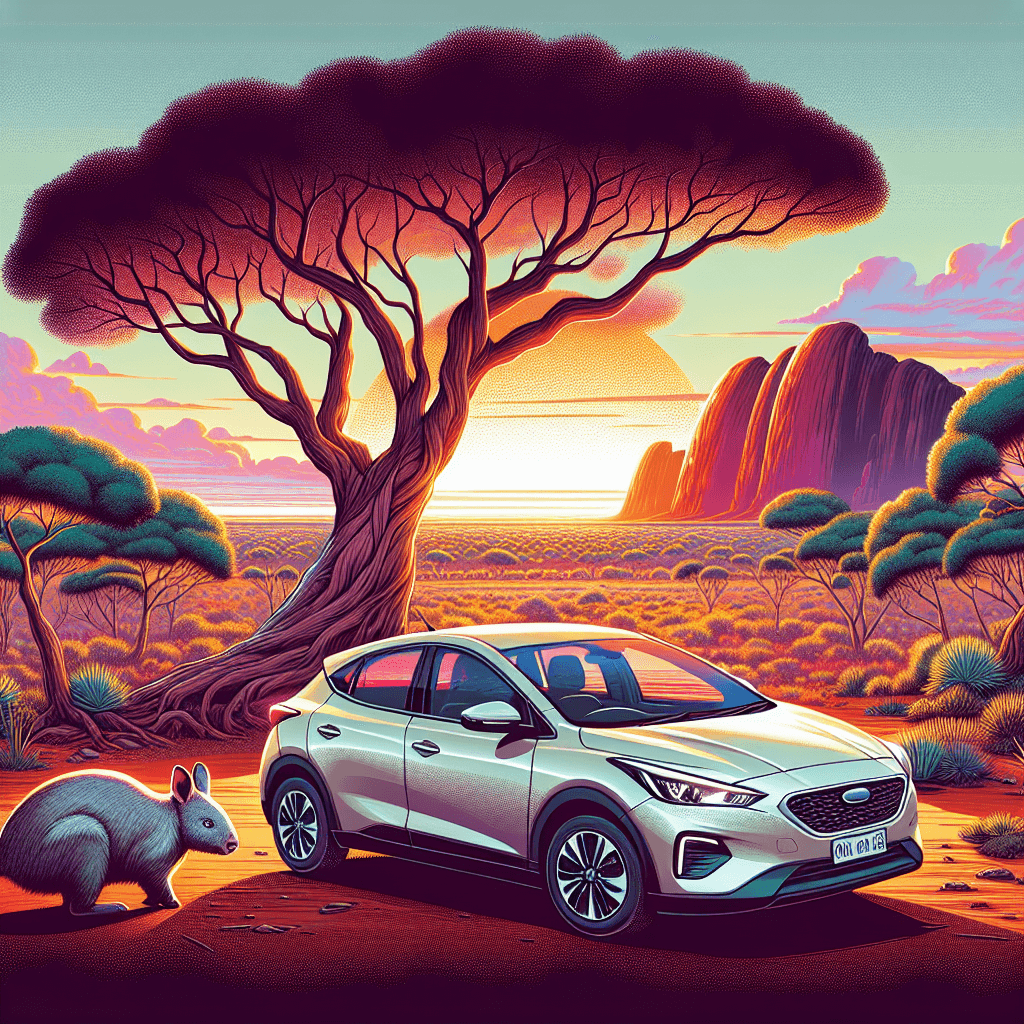 Urban car and a wombat near Bottle Tree at sunset