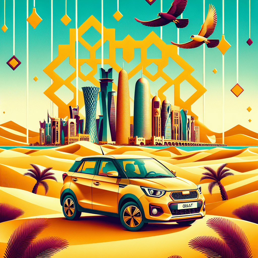 City car in desert, Doha skyline, palm trees, falcons
