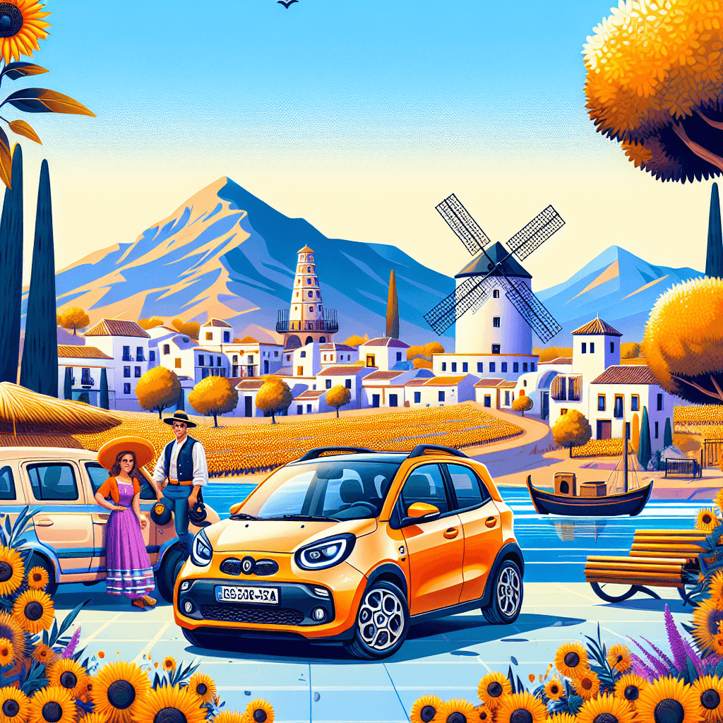 Bright city car with windmills, olive trees, mountains, locals, sunflower fields