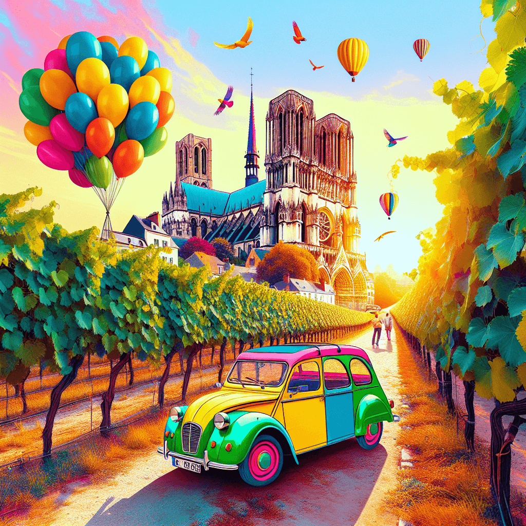 City car in Reims vineyard, cathedral backdrop, ascending balloons
