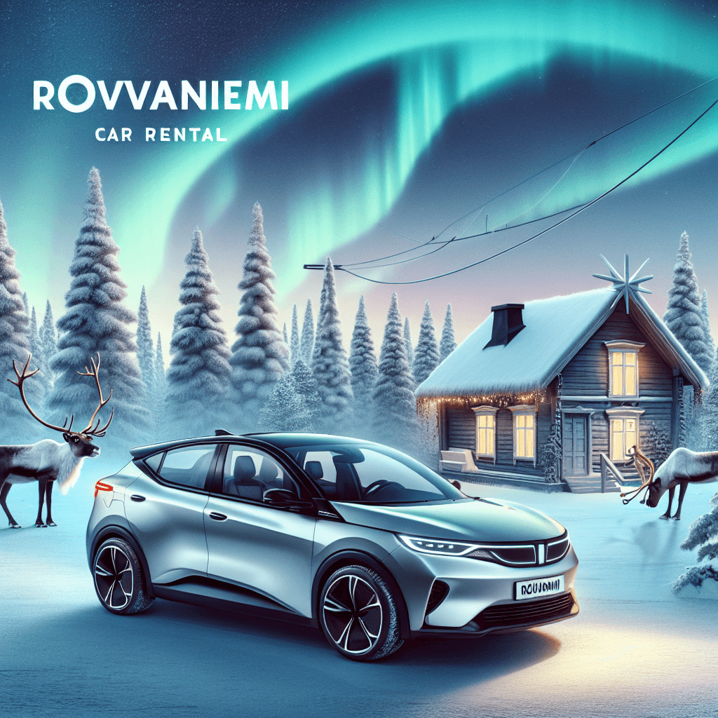 City car against Northern Lights amidst Reindeer in snow