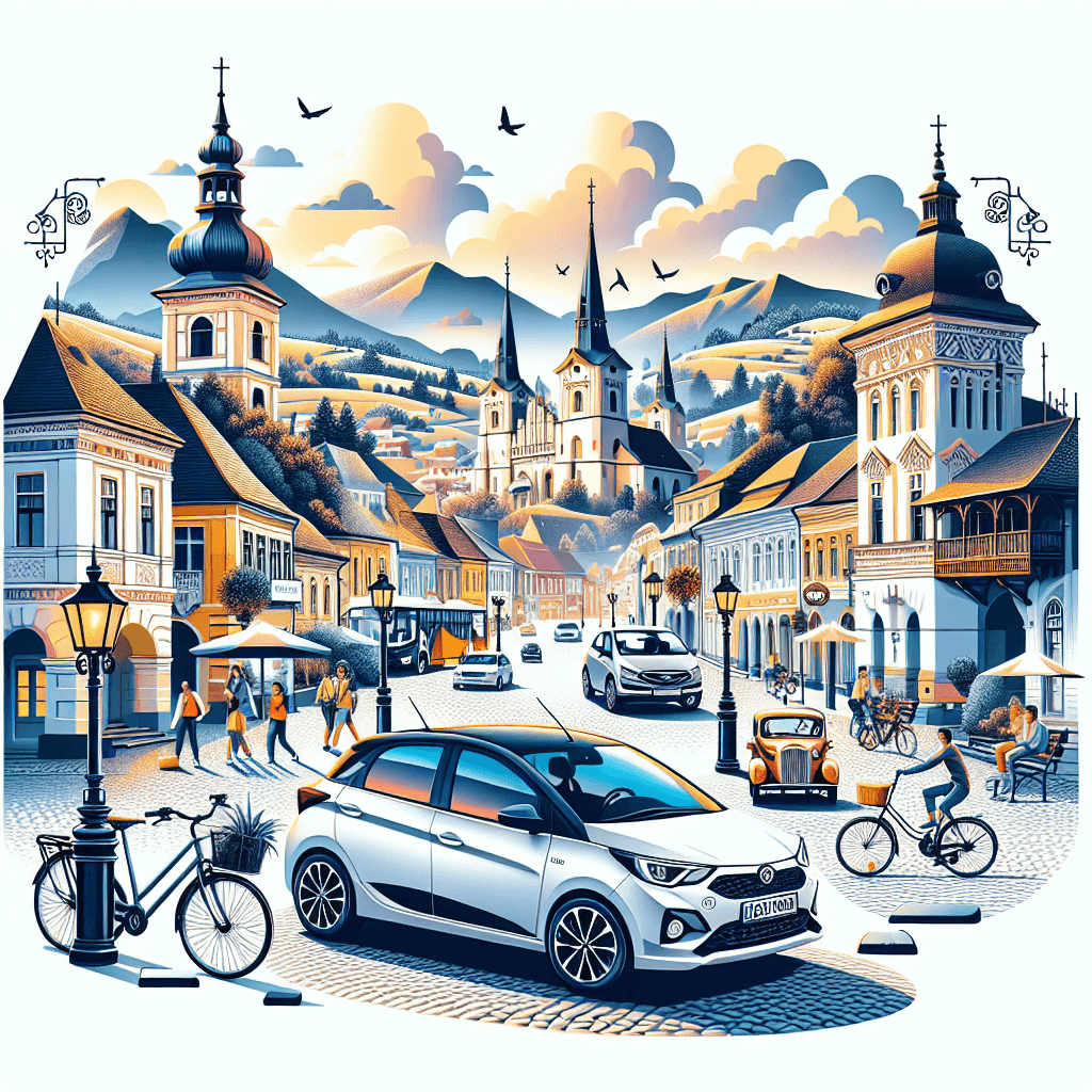 Coche urbano conduciendo por Sibiu, ambiente lleno de vida