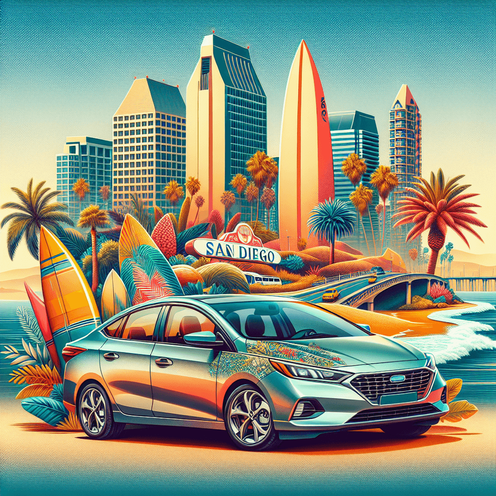 City car, surfboards, palm trees, San Diego skyline, ocean