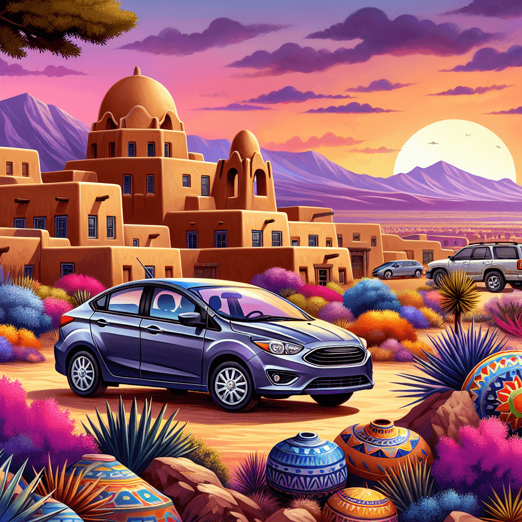 City car amidst Santa Fe landscape, indigenous pottery, sunset