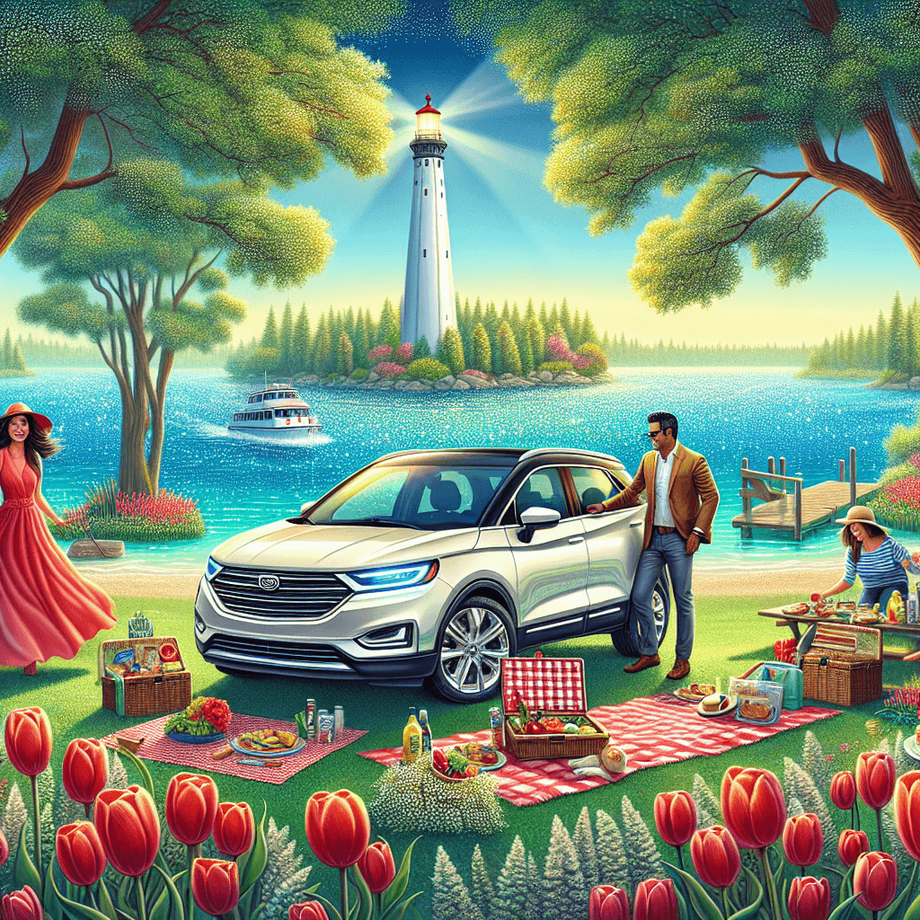 City car in Sarnia landscape, couple preparing picnic