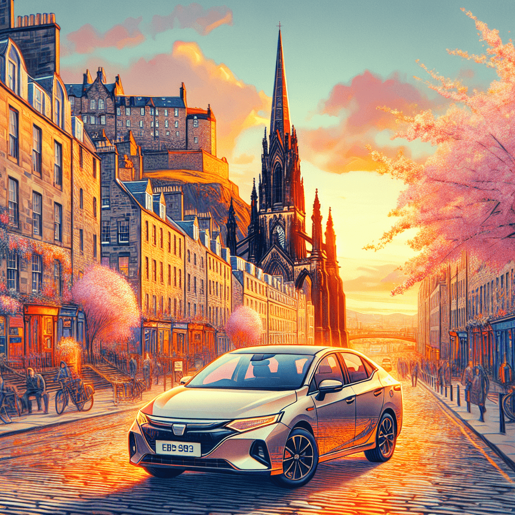 City car journey in Edinburgh, castle and cherry blossoms