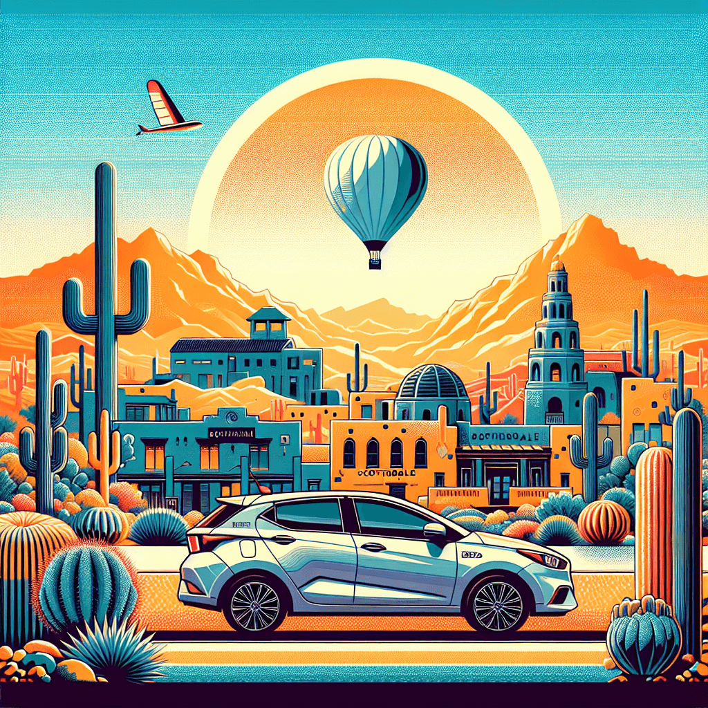 City car in Scottsdale with cacti, mountains and a hot-air balloon
