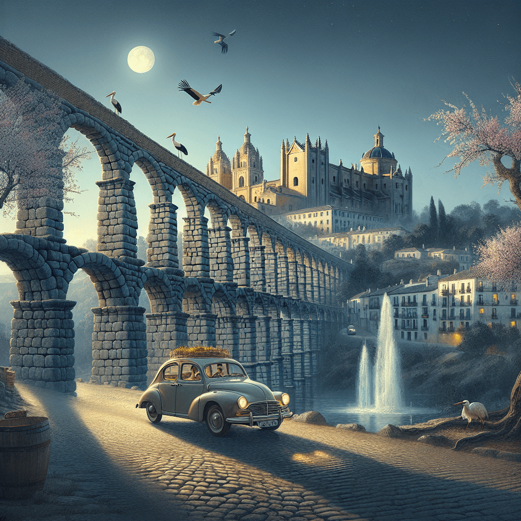 City car near Segovia's Aqueduct, Alcázar, blooming almond trees