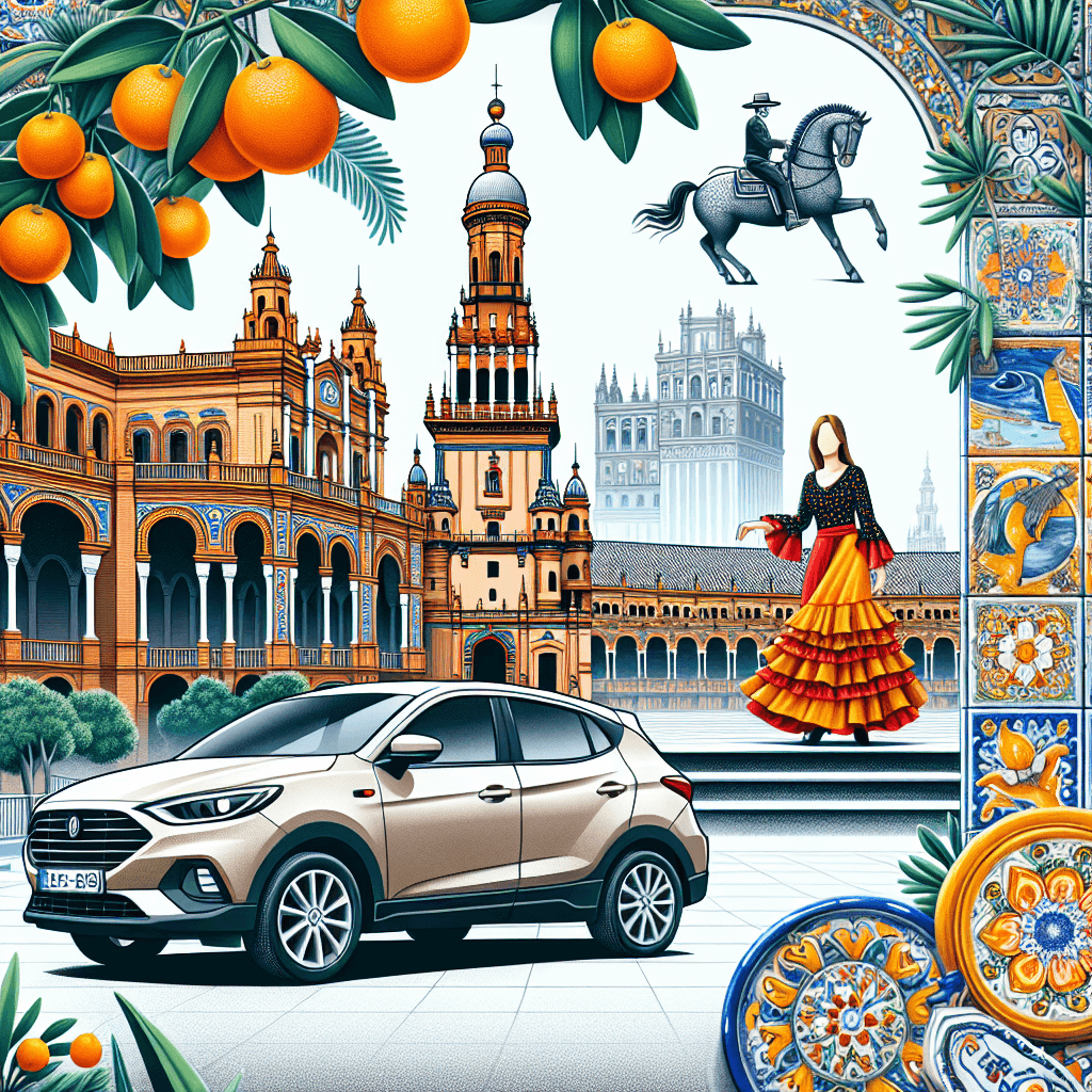 City car among Seville landmarks, orange trees, and azulejos