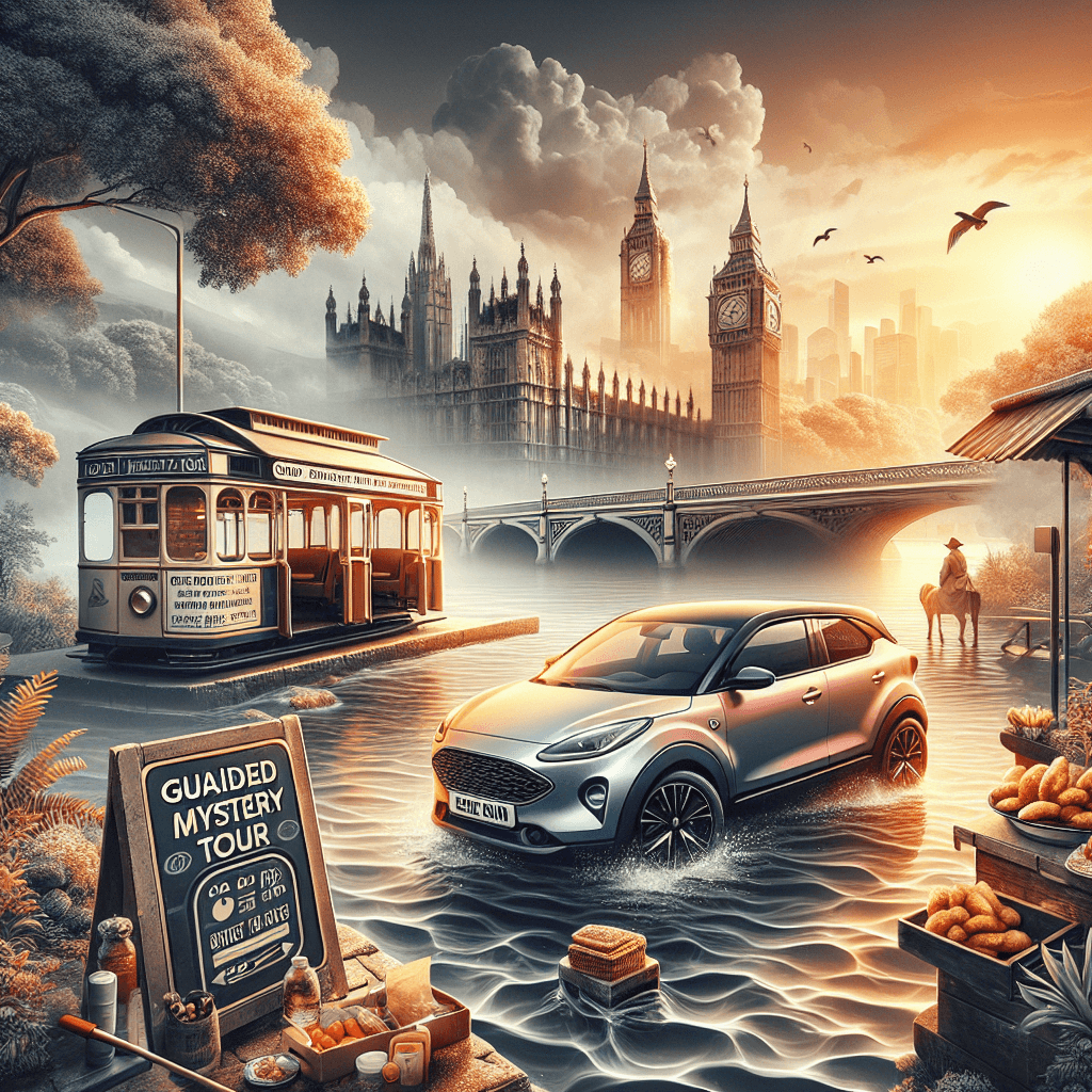 City car amid cheerful Whitechapel setting, fishes, and chips stand, Shadwell métro and Thames
