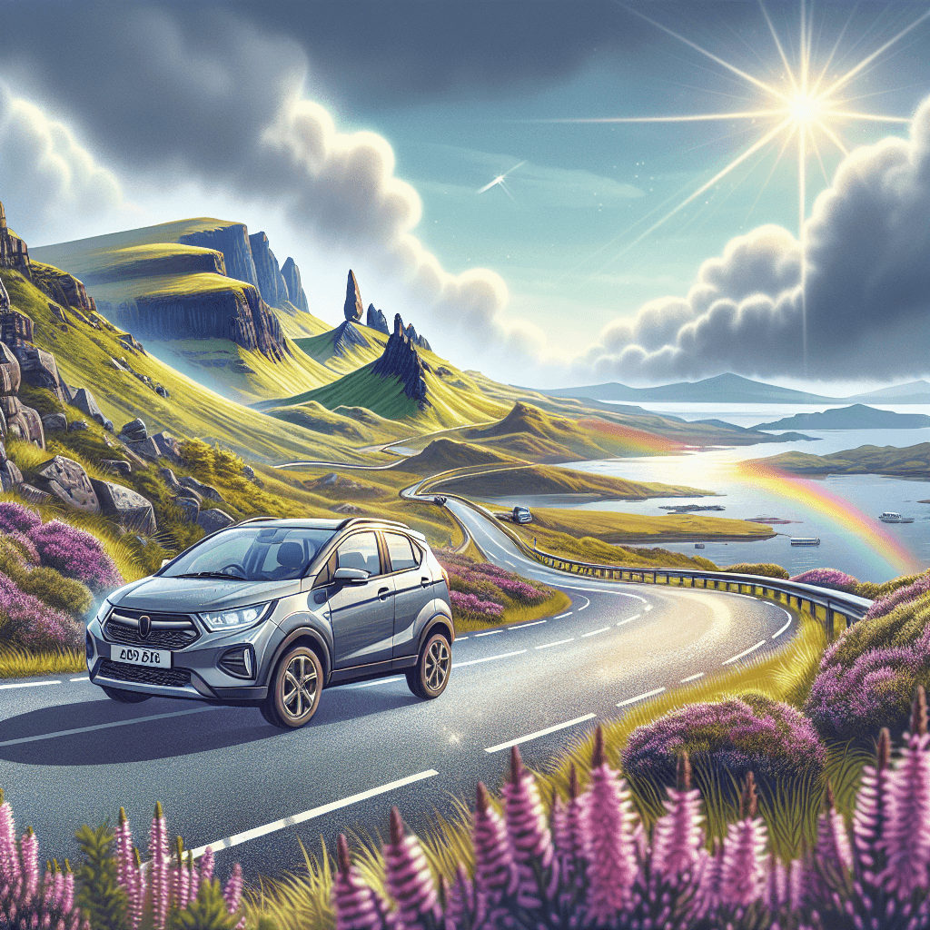City car on winding road amidst Isle of Skye's stunning landscape, rainbow on the horizon, blossoming heather beside roa