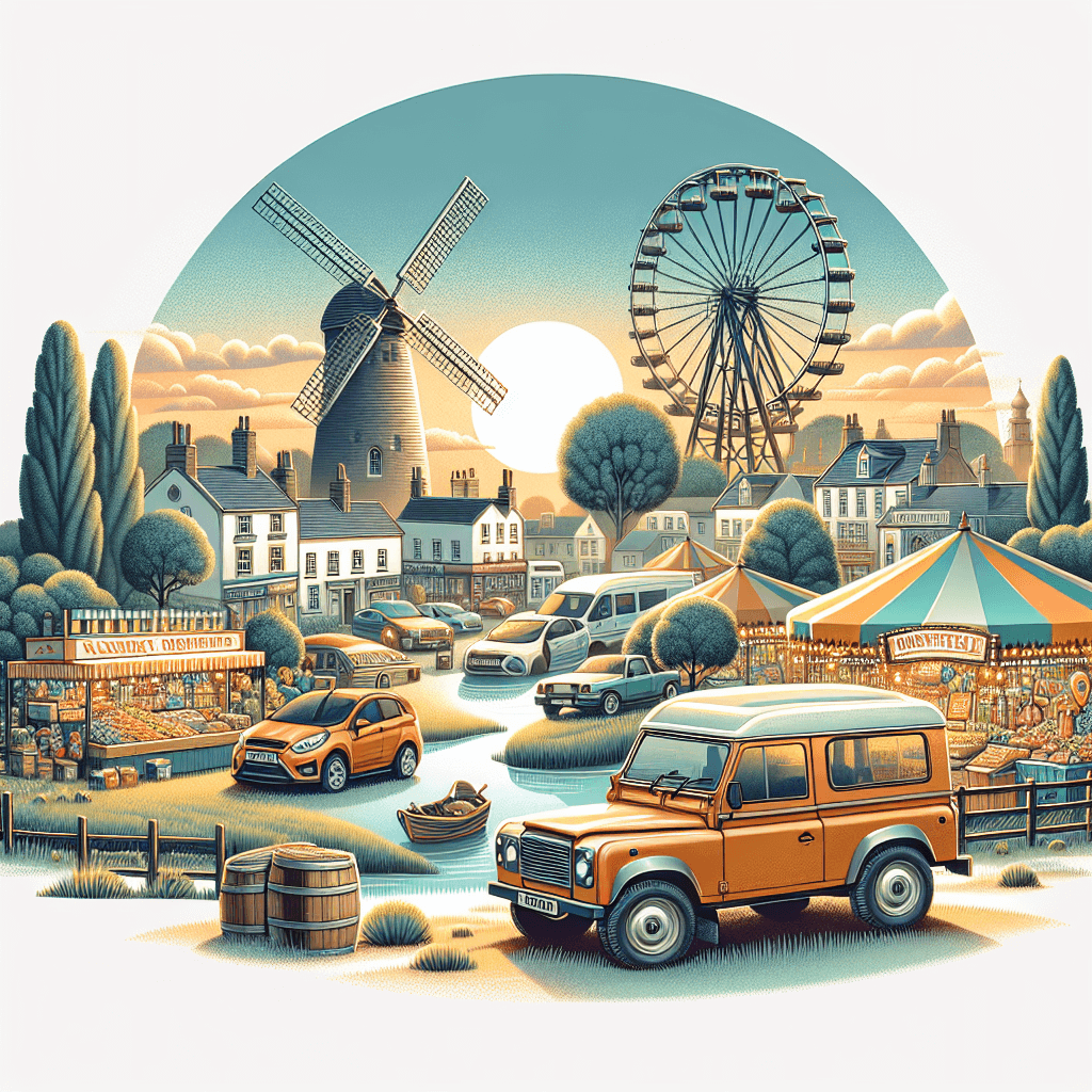City car beside Smithfield market, countryside fair, sunset