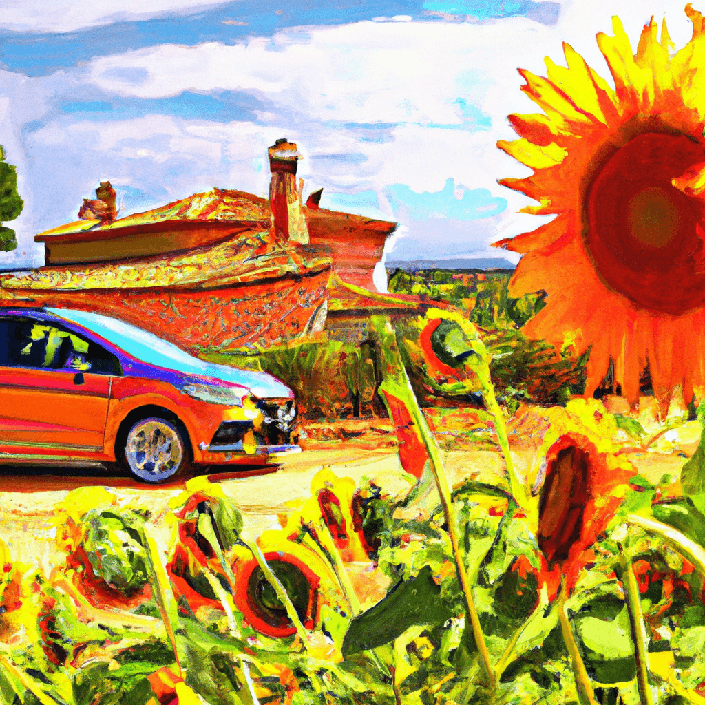City car against Spanish village, sunflower field and windmill