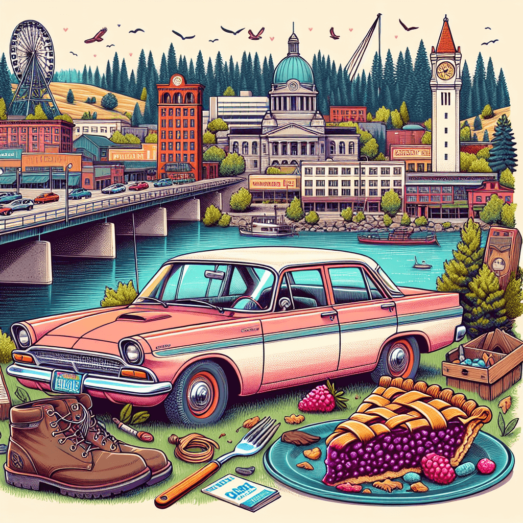 City car with Spokane's iconic landmarks and hiking elements