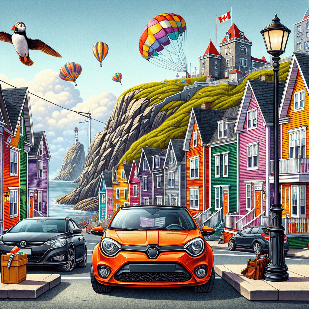 Car amidst cheerful puffin, vibrant kites and St. John's landscape