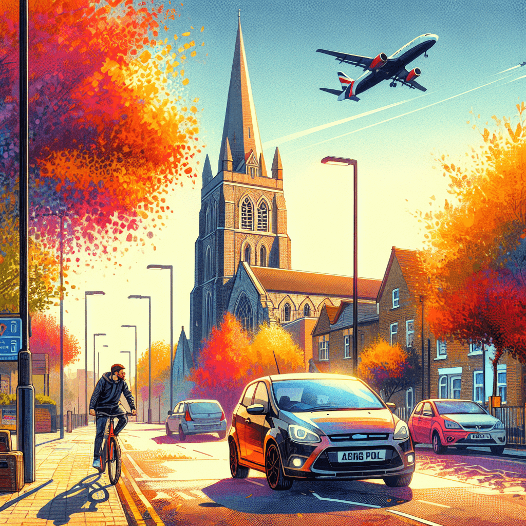 Urban car, autumn leaves, cyclist and Heathrow plane in Hounslow