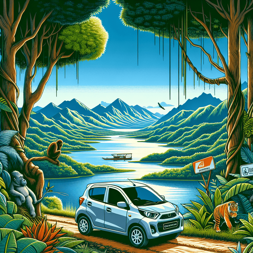 City car in a vibrant Sumatran landscape surrounded by native wildlife
