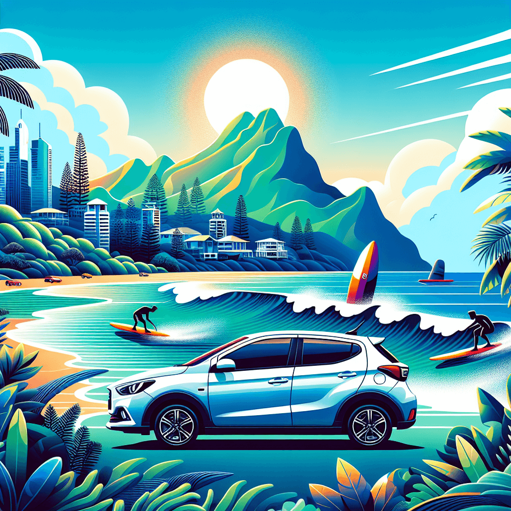 City car in sunny Sunshine Coast landscape with surfers