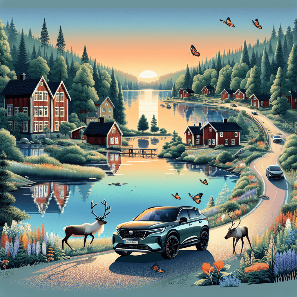 City car by a Swedish lake with reindeer and butterflies