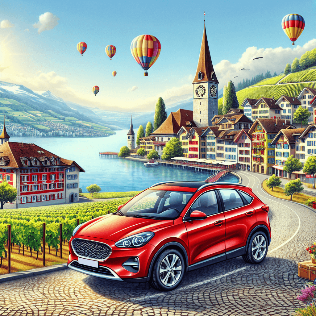 City car on cobbled street, Neuchatel landscape with lake and balloons