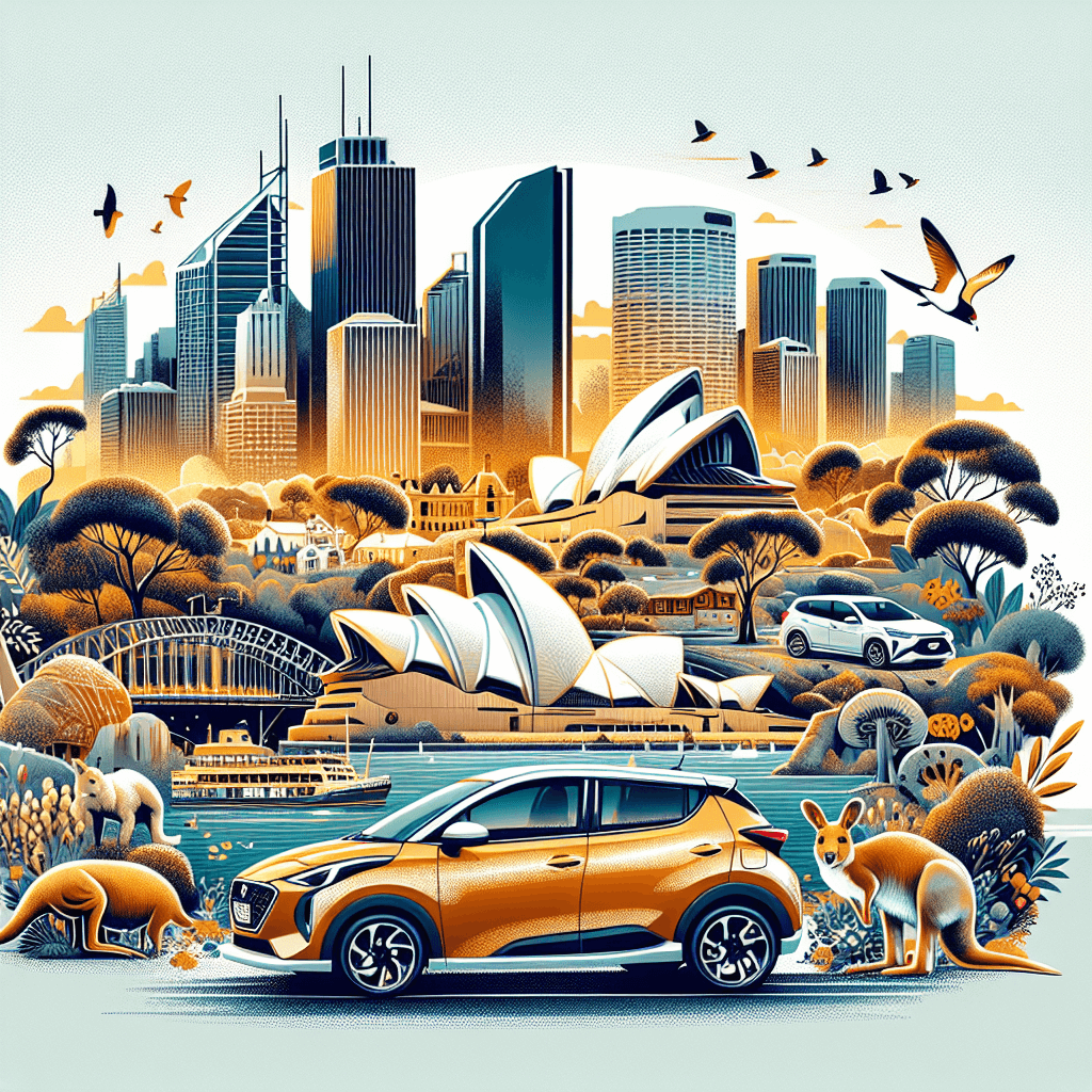 City car against backdrop of Sydney Opera, kangaroos, and coastal views