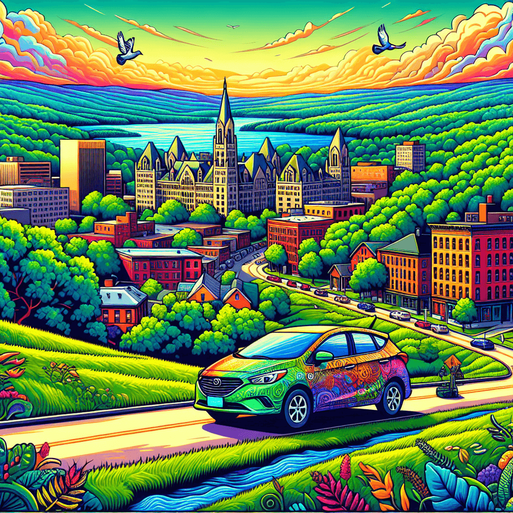 City car in vibrant Syracuse landscape, surrounded by nature and architecture