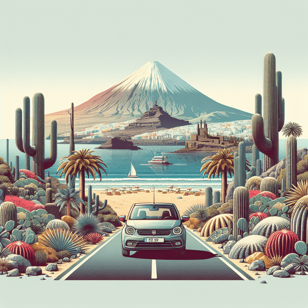 City car amid Teide Volcano, palm trees and beach