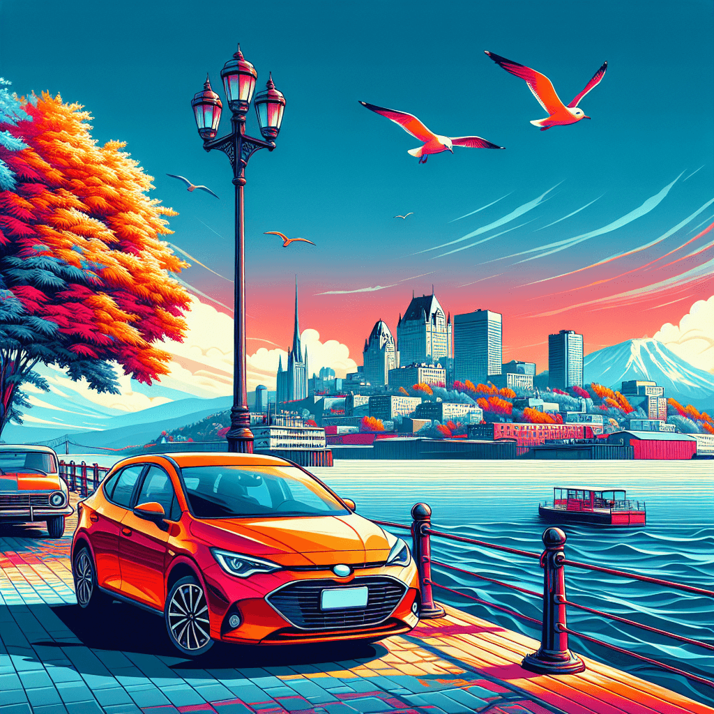 An urban car by St. Lawrence River with Trois-Rivières' cityscape, seagulls, tree, and lamppost