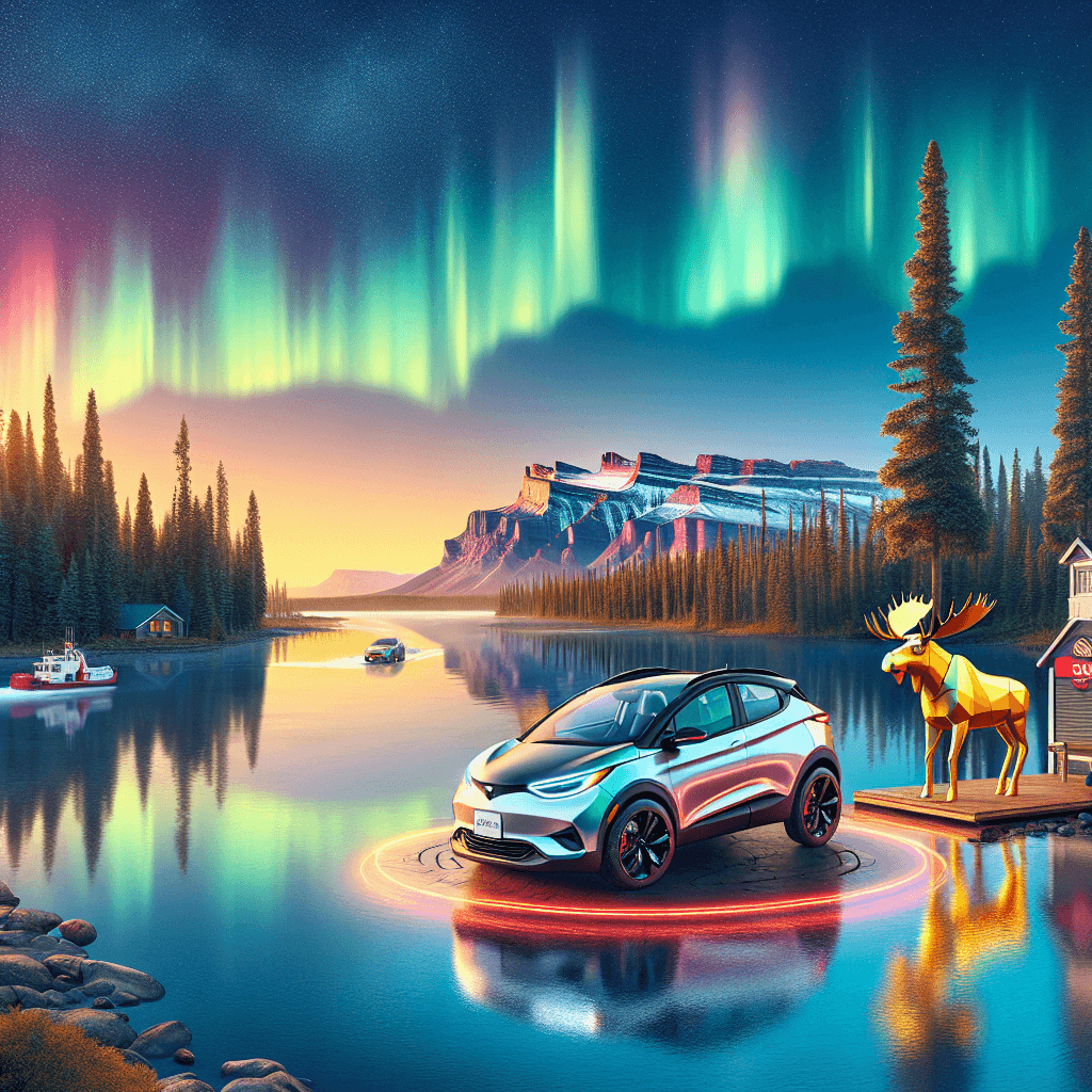 City car by Gillies Lake with moose statue and Northern Lights.
