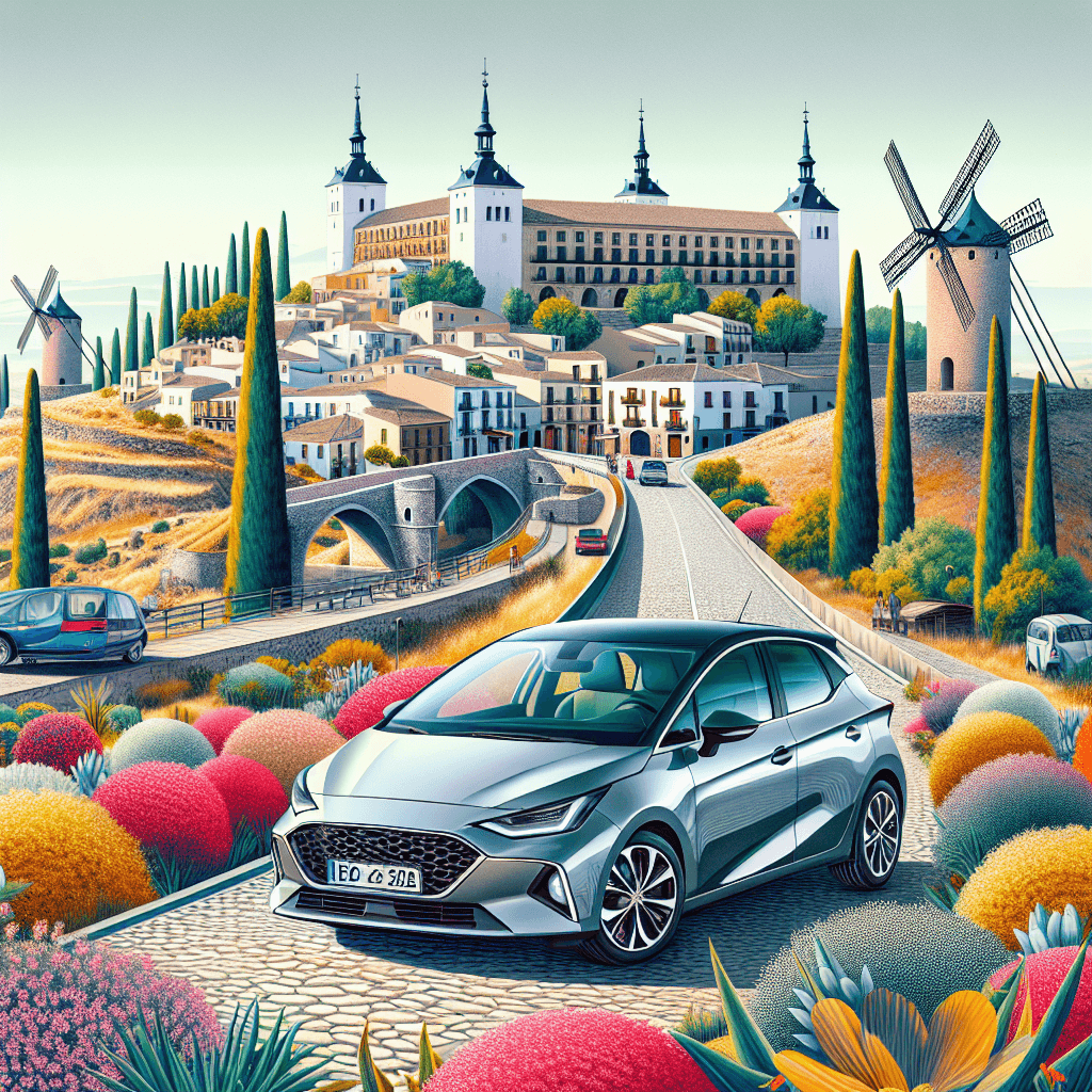 Urban car amidst Toledo's windmills, bridges, and blooming fields