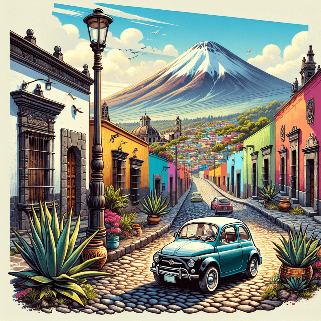 City car in Toluca, with traditional architecture and agave plants