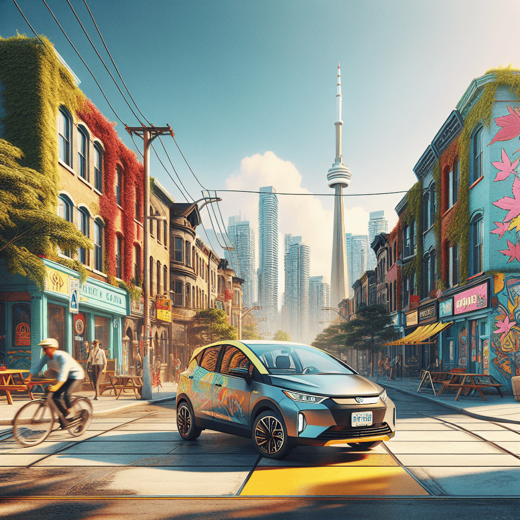 City car in vibrant Toronto street with lush maple trees
