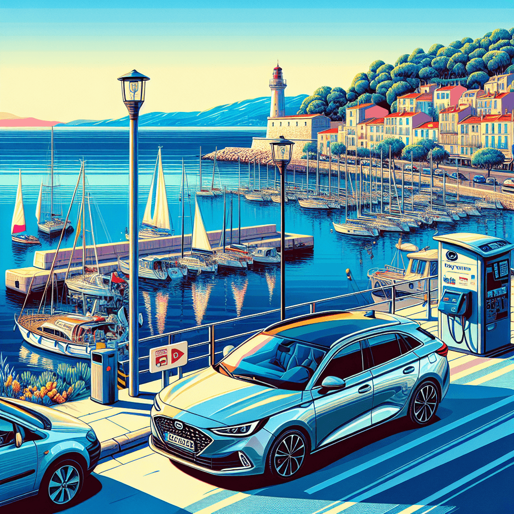 City car by Toulon port, lighthouse, boats, and hills