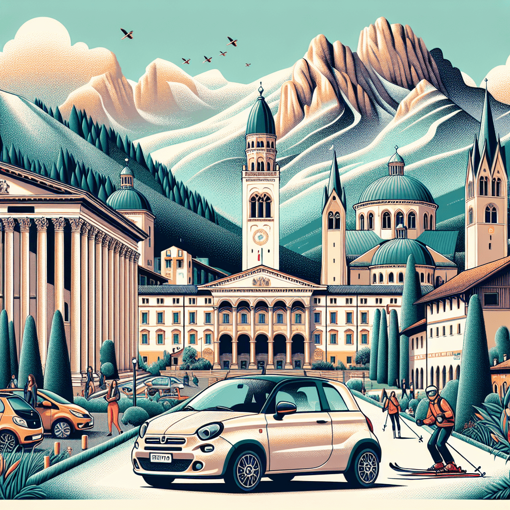 City car, historic buildings, skiers, Dolomite mountains