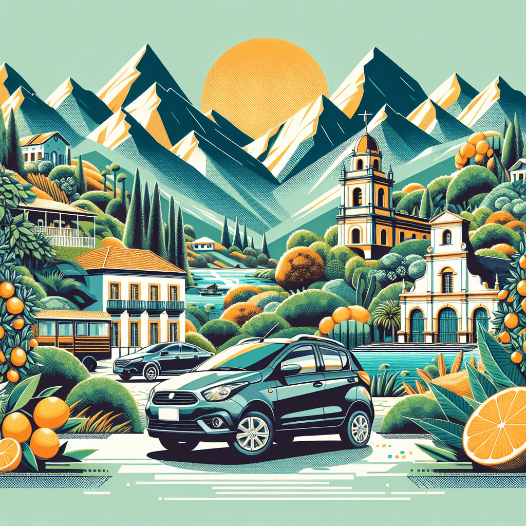 City car amidst Tucuman landscape, featuring mountains, forests, and colonial architecture