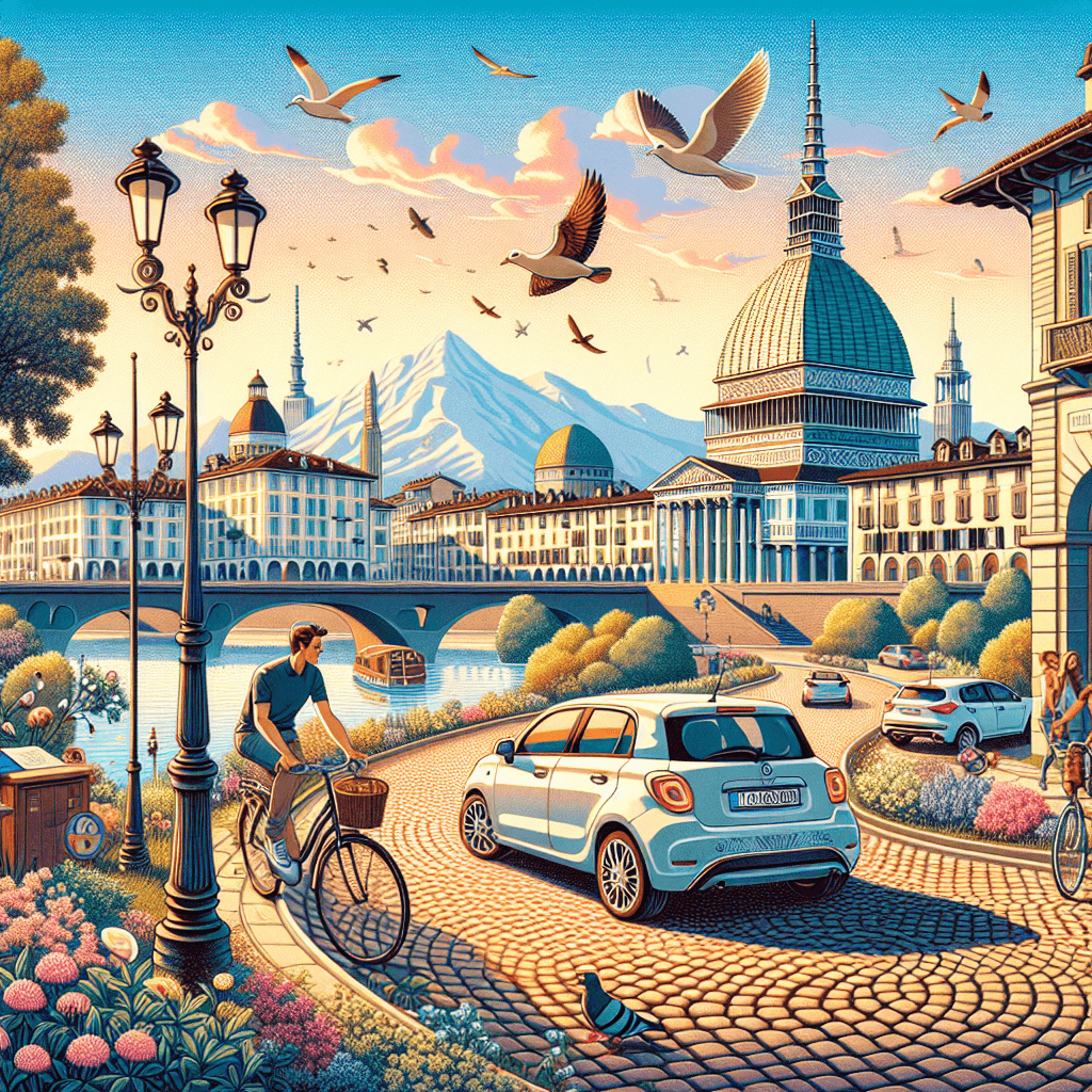 Car in Turin with birds, cyclists, flowers, and sunset