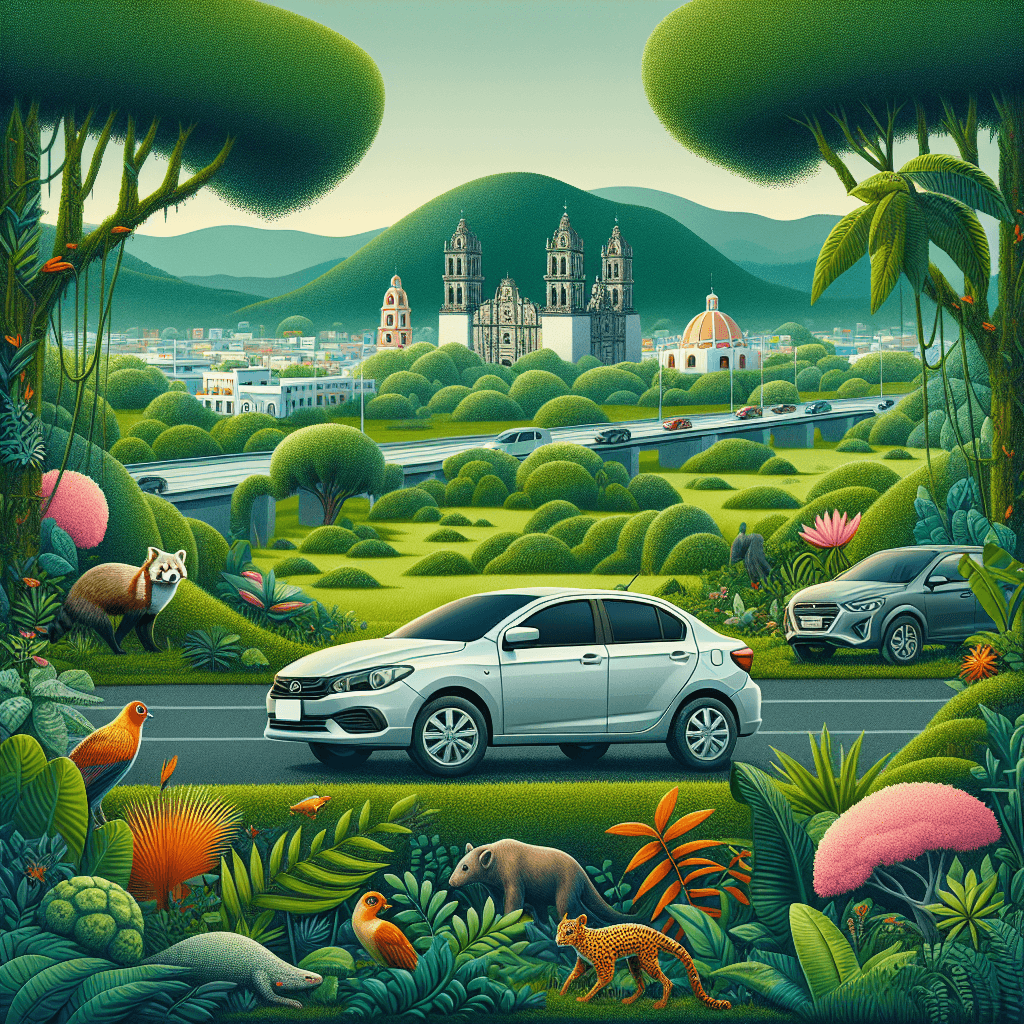City car in vibrant Tuxtla landscape with expressive fauna and landmarks