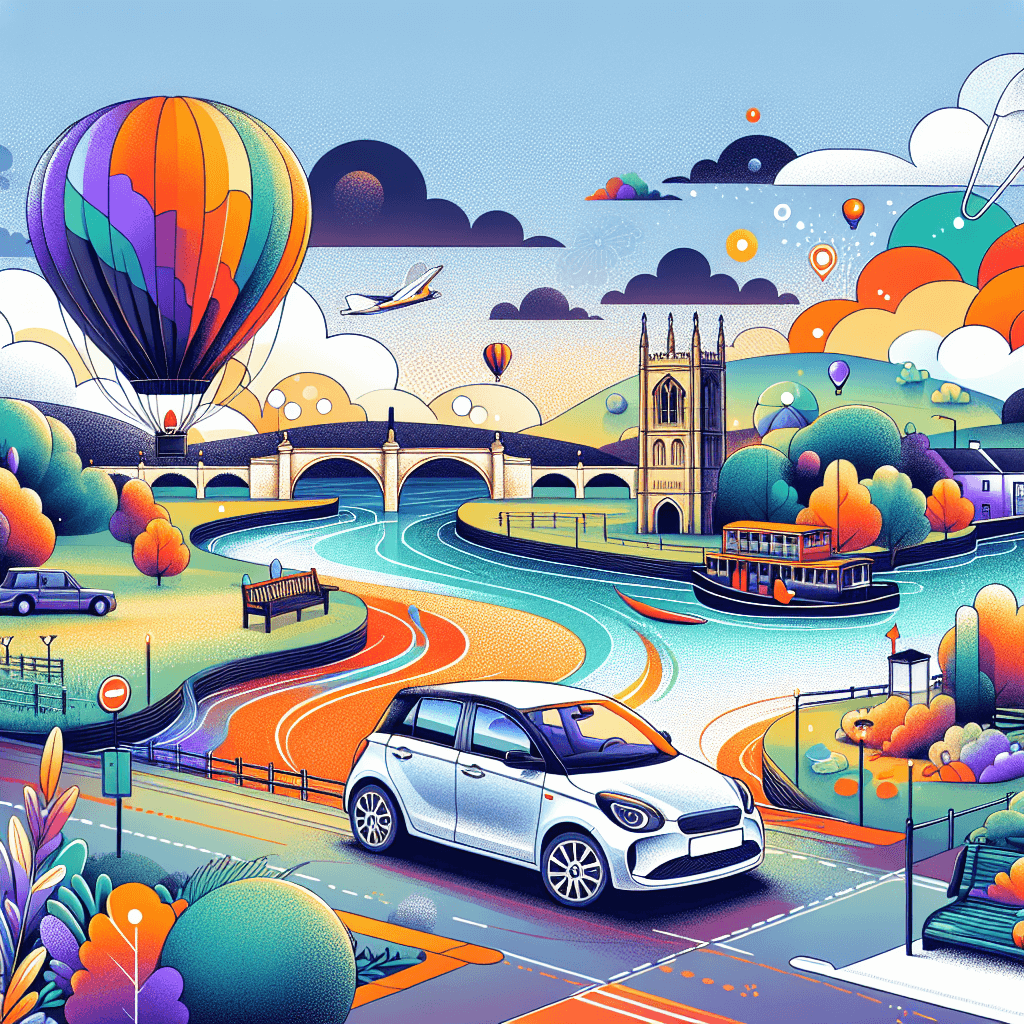 City car in Twickenham landscape, including River Thames, Eel Pie Island, Richmond Bridge and hot air balloon.