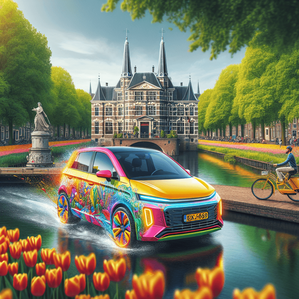 Urban car amidst Het Loo Palace, vibrant tulips, cyclists